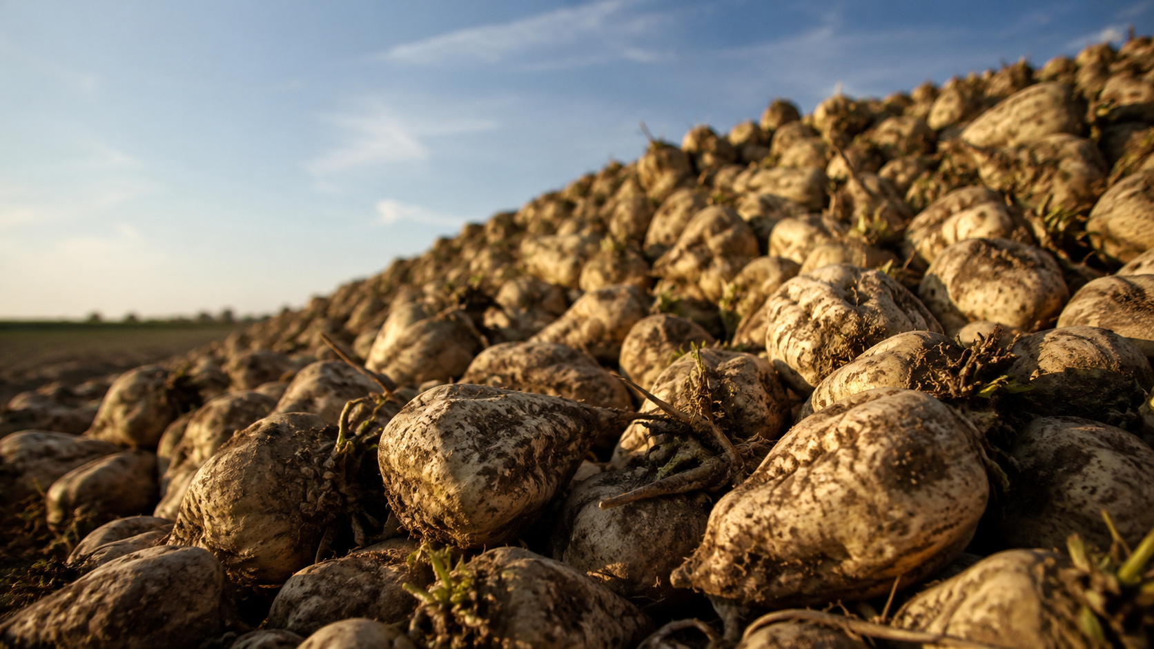 Pilha de beterrabas sacarinas colhidas em campo agrícola, em meio à seca que ameaça a produção de açúcar na França.