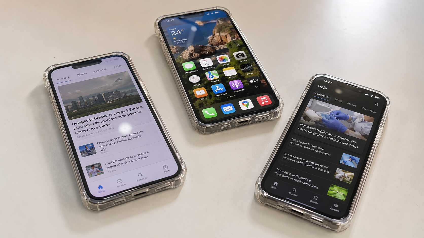 Três smartphones exibem notícias, aplicativos e telas de navegação, representando o tempo que os brasileiros passam conectados à internet.