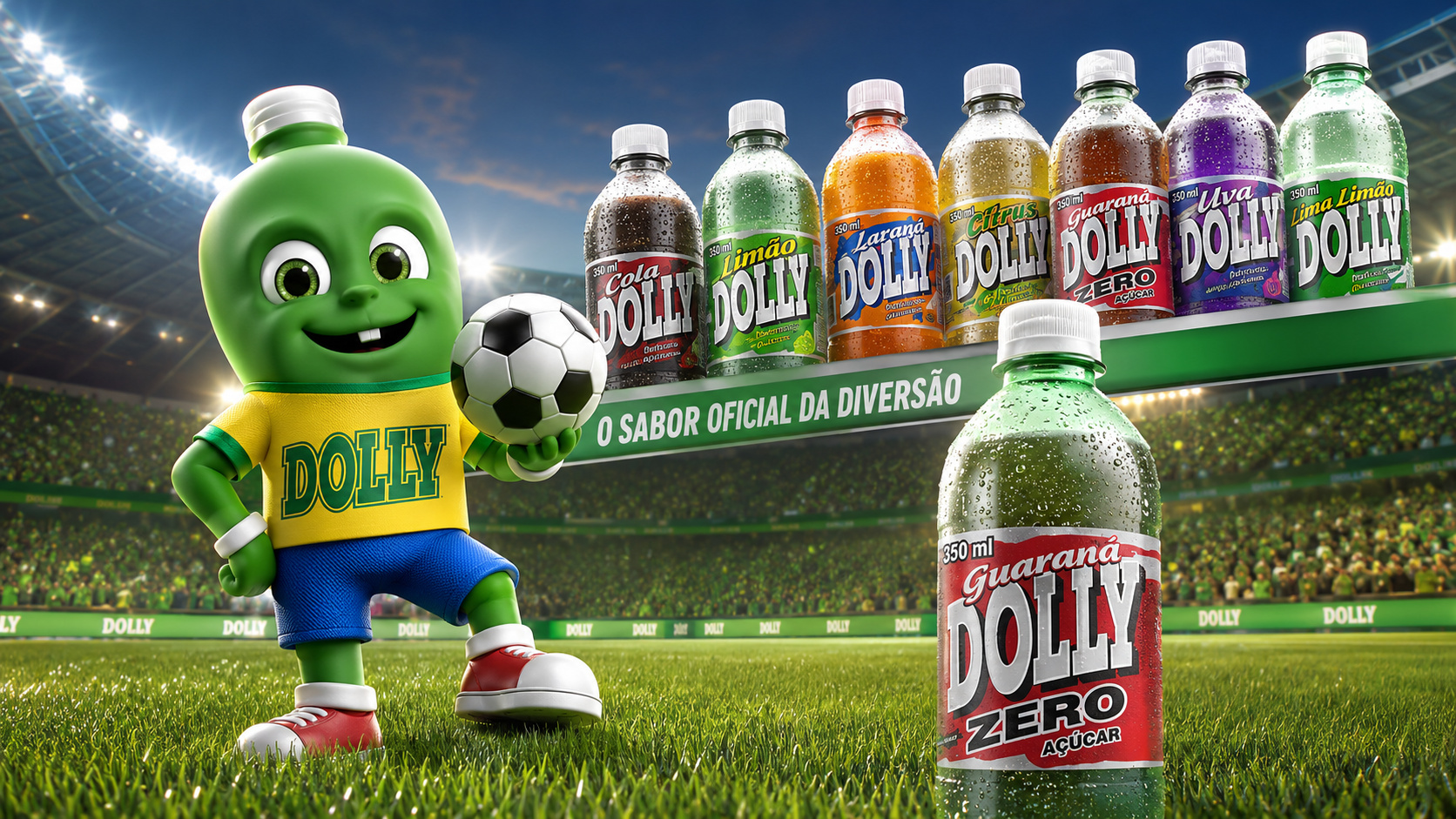 Mascote verde da Dolly em estádio de futebol, ao lado de garrafas de refrigerante, em referência ao pedido de falência por dívida de R$ 15,7 bilhões.