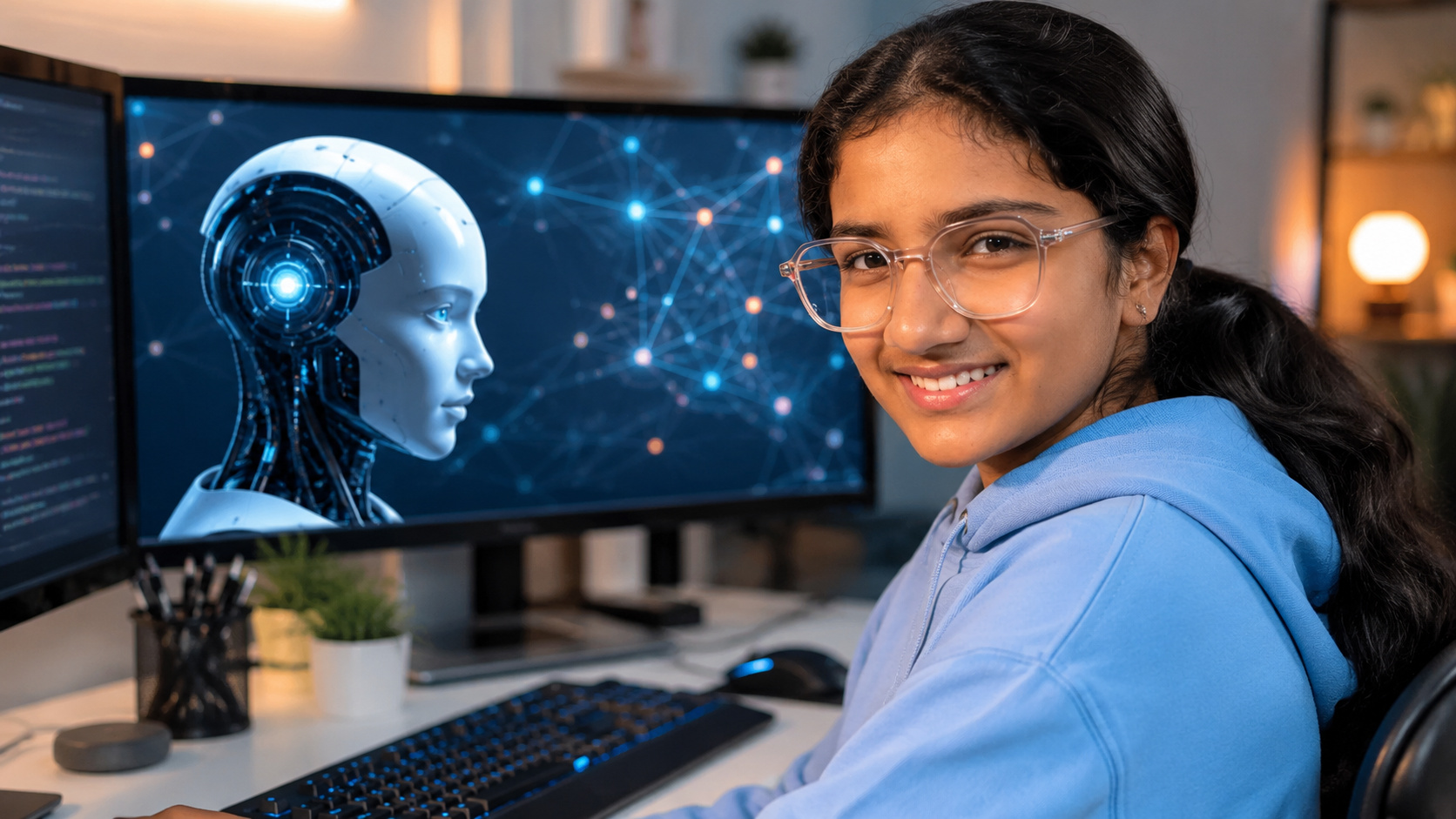 Menina de 12 anos em frente a computador com interface de inteligência artificial, representando a criação de uma recepcionista virtual para pequenas empresas.