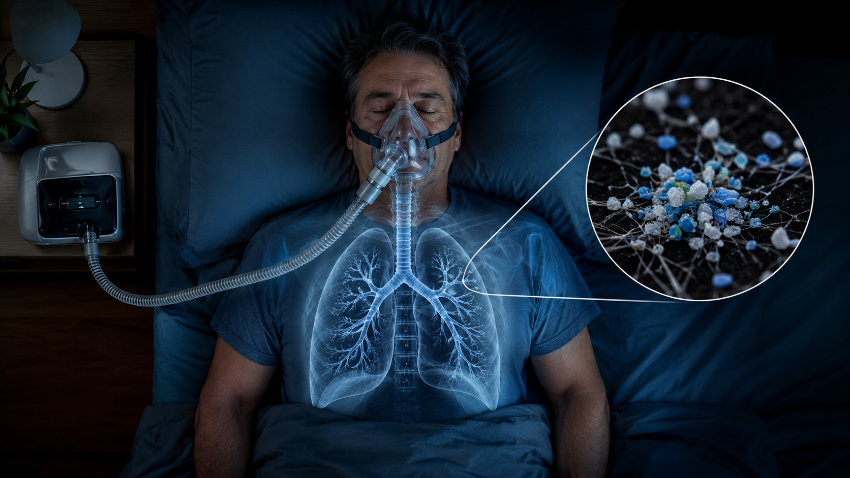 Paciente com apneia do sono dorme utilizando um aparelho CPAP enquanto uma ilustração em raio X destaca as vias aéreas e um detalhe ampliado mostra microplásticos, representando a investigação científica sobre seus possíveis impactos na saúde respiratória.