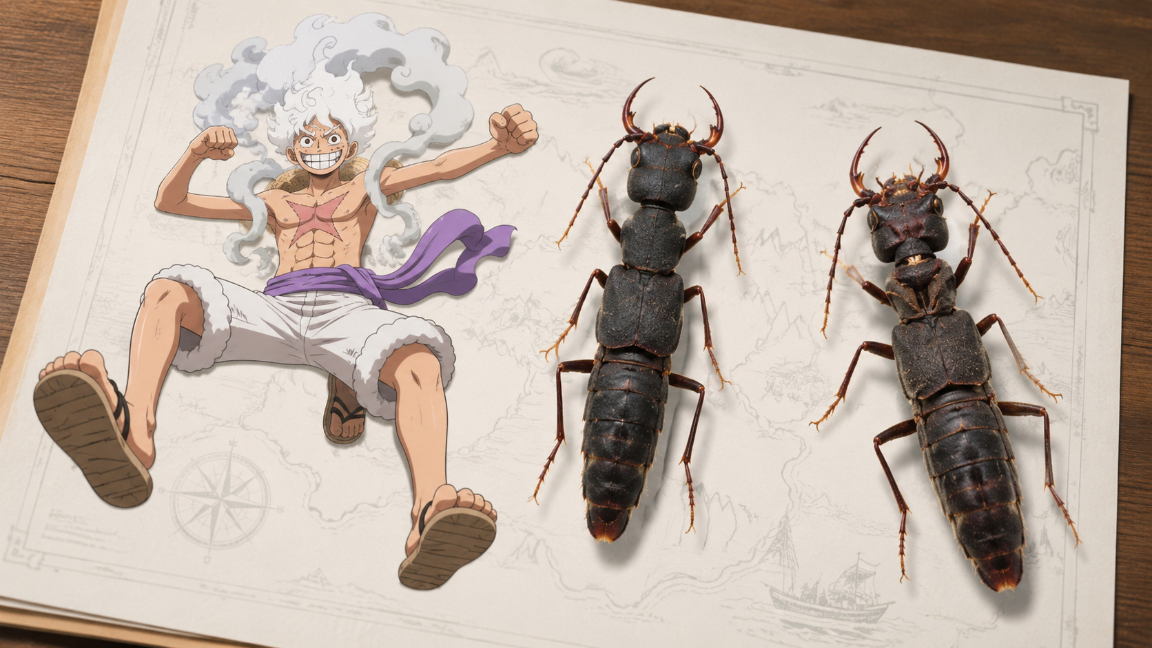 Besouros do gênero Luffy ao lado de personagem inspirado em One Piece, sobre mapa com referências à China e ao Laos.