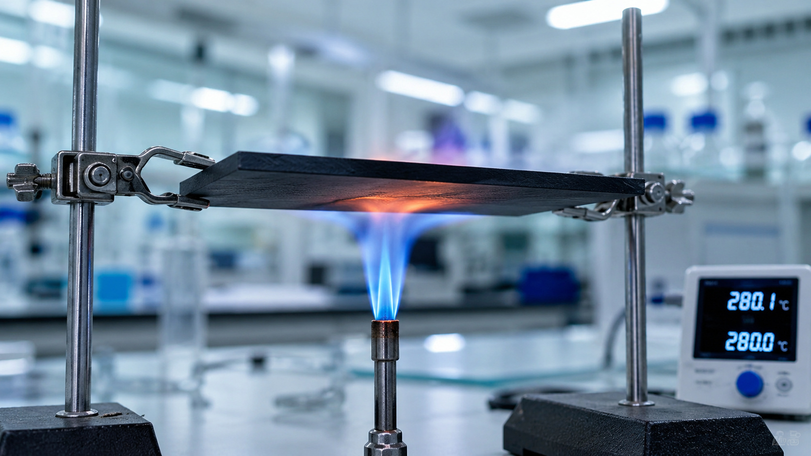 Plástico térmico em teste de laboratório sendo aquecido por chama controlada para avaliar resistência mecânica e isolamento térmico em experimento científico.