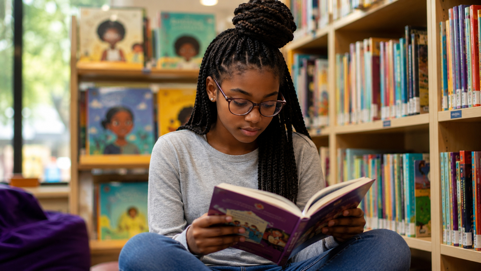 Menina negra lê livro infantil em biblioteca, representando a campanha #1000BlackGirlBooks criada por Marley Dias.