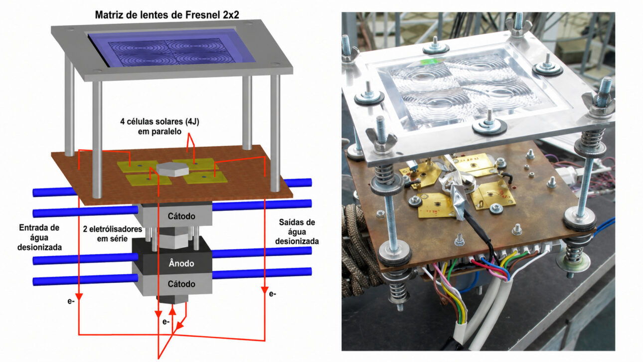 Diagram and prototype of the HyCon® system that uses Fresnel lenses, solar cells, and PEM electrolysis to convert solar light into green hydrogen.