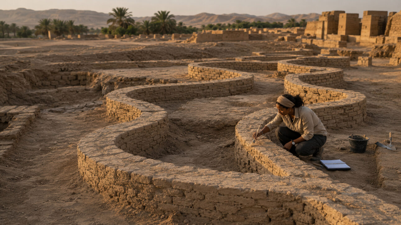 Arqueóloga examina muro ondulado de tijolos em sítio arqueológico, ilustrando a resistência das curvas, a economia de materiais e a maior estabilidade da construção.