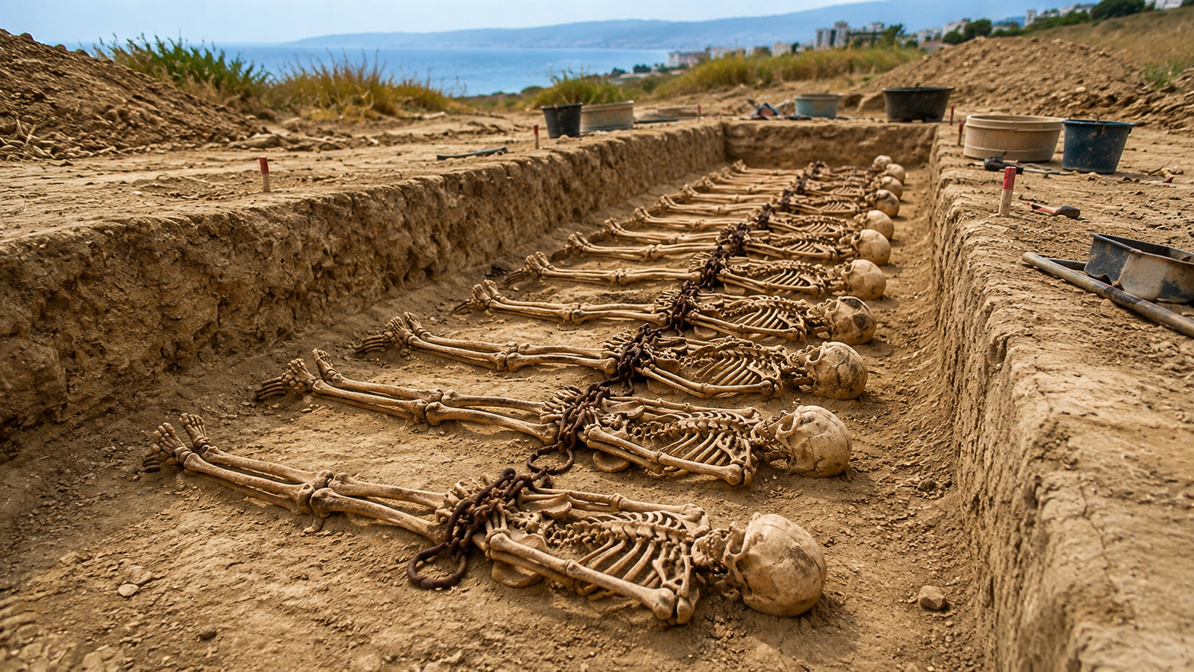 Esqueletos acorrentados encontrados em vala arqueológica de Faliro, perto de Atenas, na Grécia Antiga.