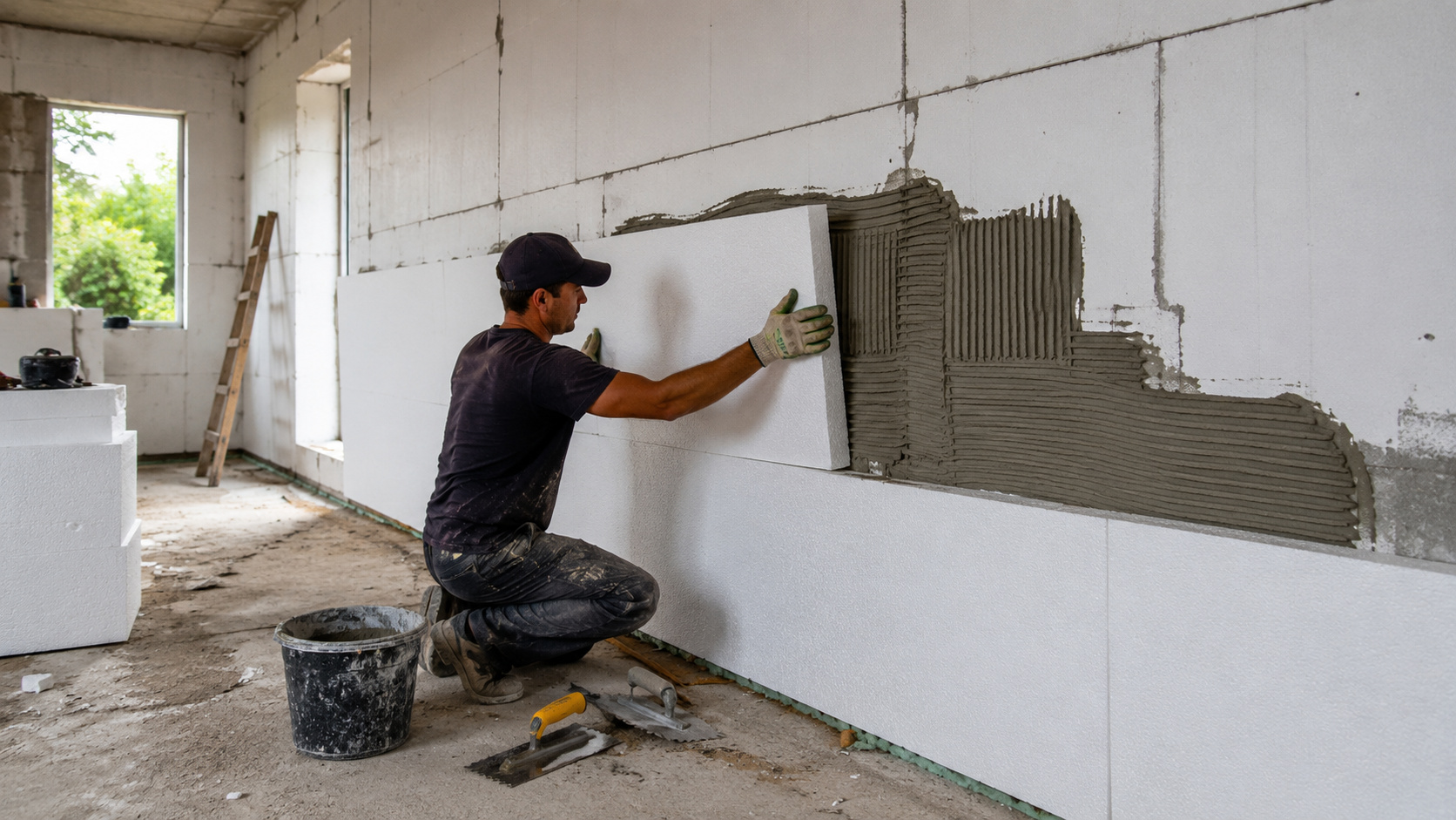 Trabalhador instala placas de isopor (EPS) em parede interna durante obra residencial para melhorar o isolamento térmico e aumentar a eficiência energética da construção.