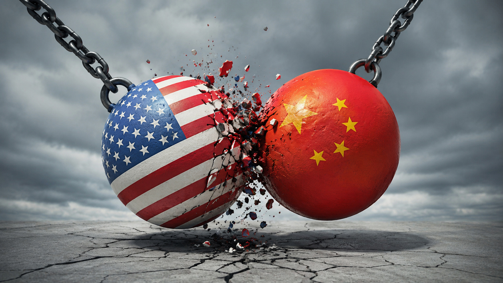 Esferas metálicas com as bandeiras dos Estados Unidos e da China colidem violentamente, simbolizando a disputa global pela liderança da inteligência artificial, dos chips avançados e das tecnologias estratégicas.