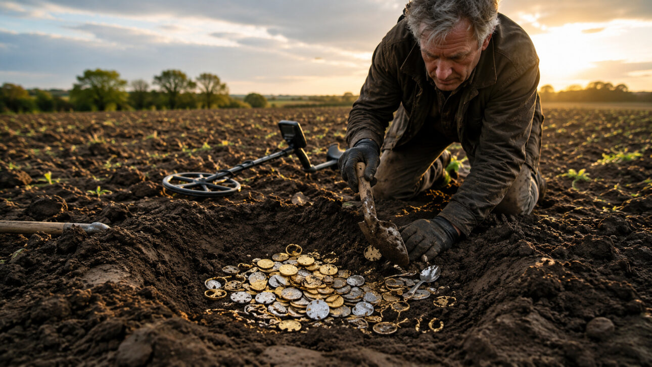Man excavating ancient coins and jewelry with a metal detector on a farm, representing the discovery of the Hoxne Treasure.