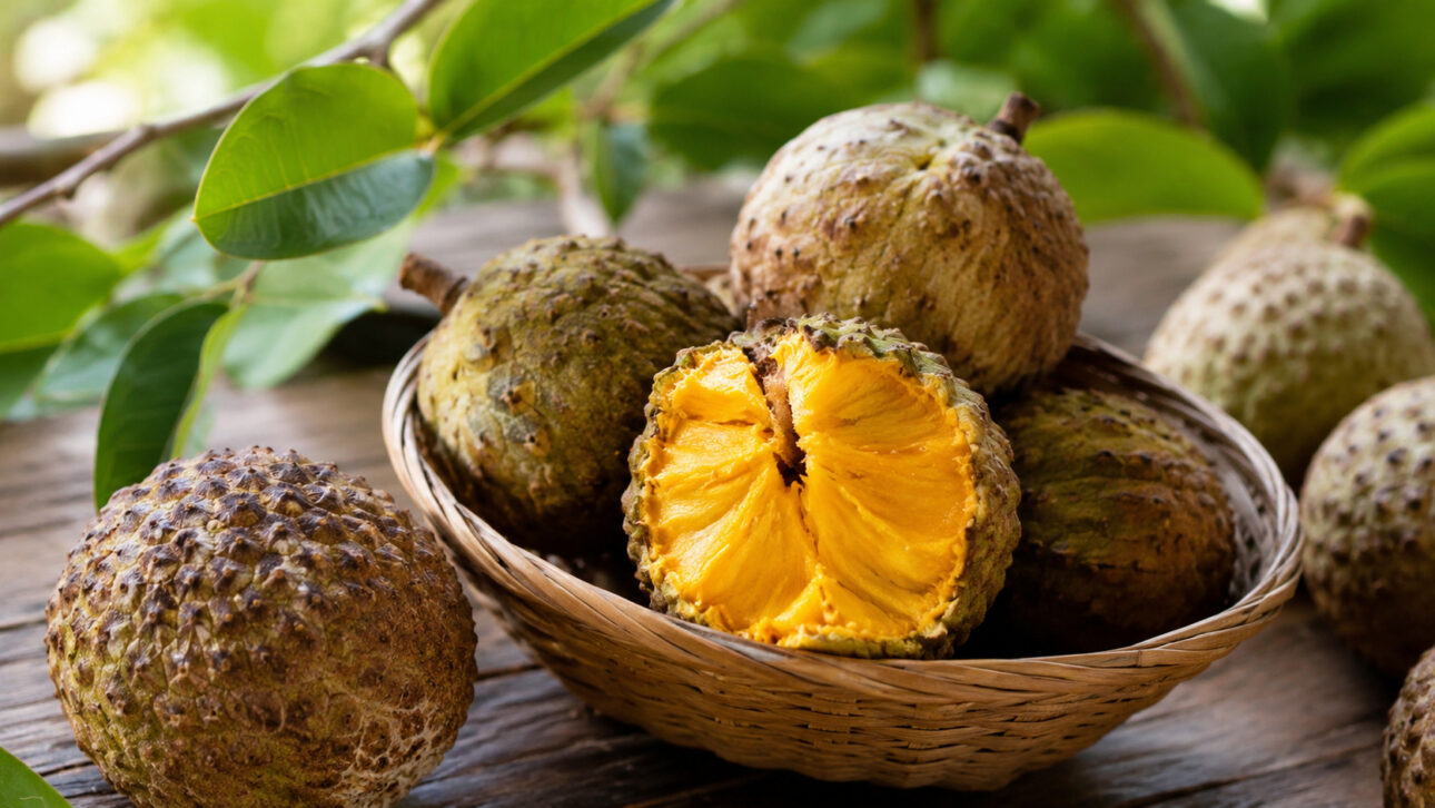 Cesta com marolos maduros sobre mesa de madeira, incluindo um fruto aberto que mostra a polpa amarela e cremosa.