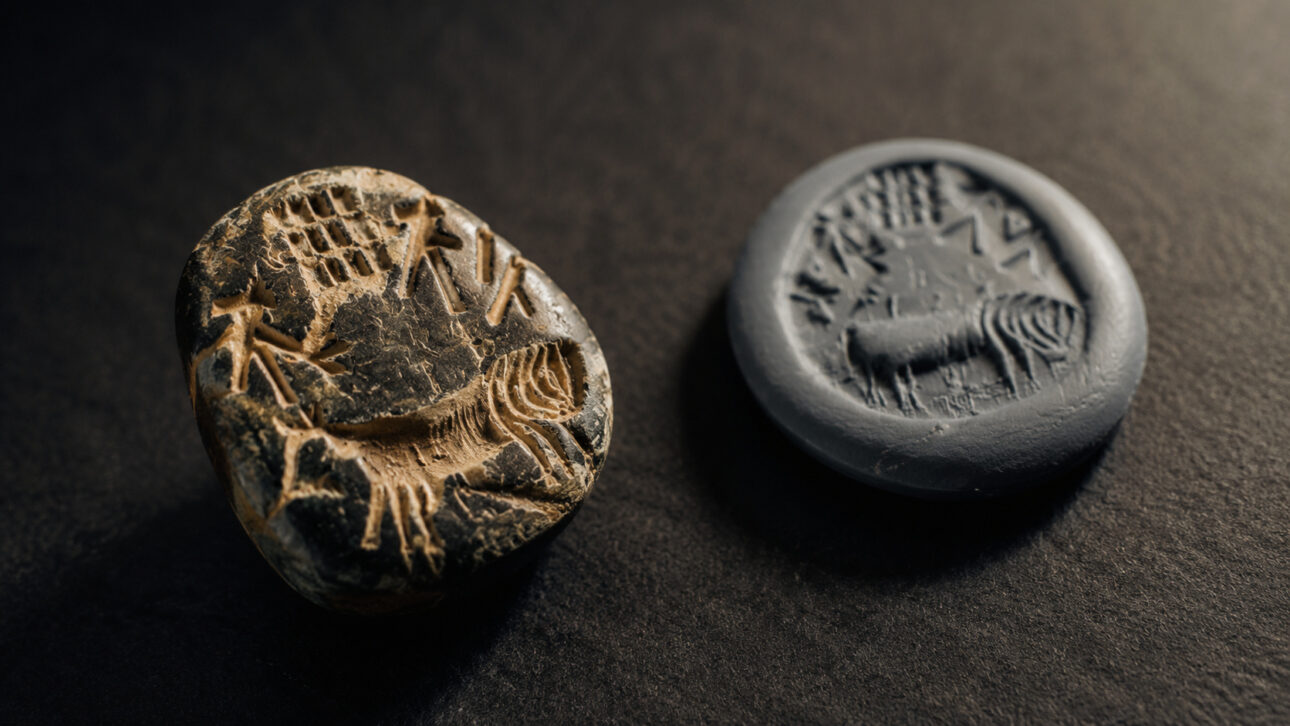 Two ancient seals with animals and inscriptions similar to the Indus Valley script on a dark surface.