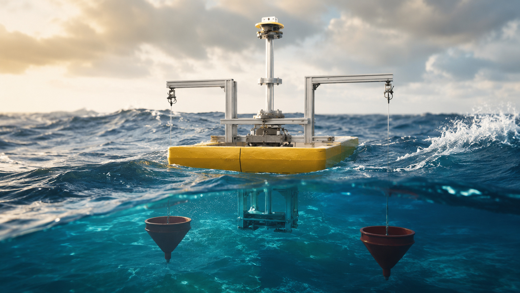 Plataforma flutuante equipada com cones submersos opera em alto-mar para aumentar a eficiência da geração de energia das ondas por meio de um sistema passivo de estabilização