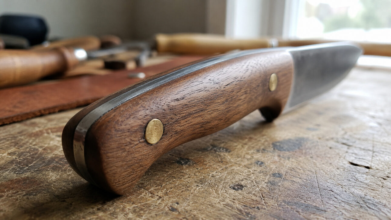 Cerca del mango de madera de un cuchillo con dos remaches metálicos sobre una encimera, destacando la fijación de la empuñadura a la espiga de acero.