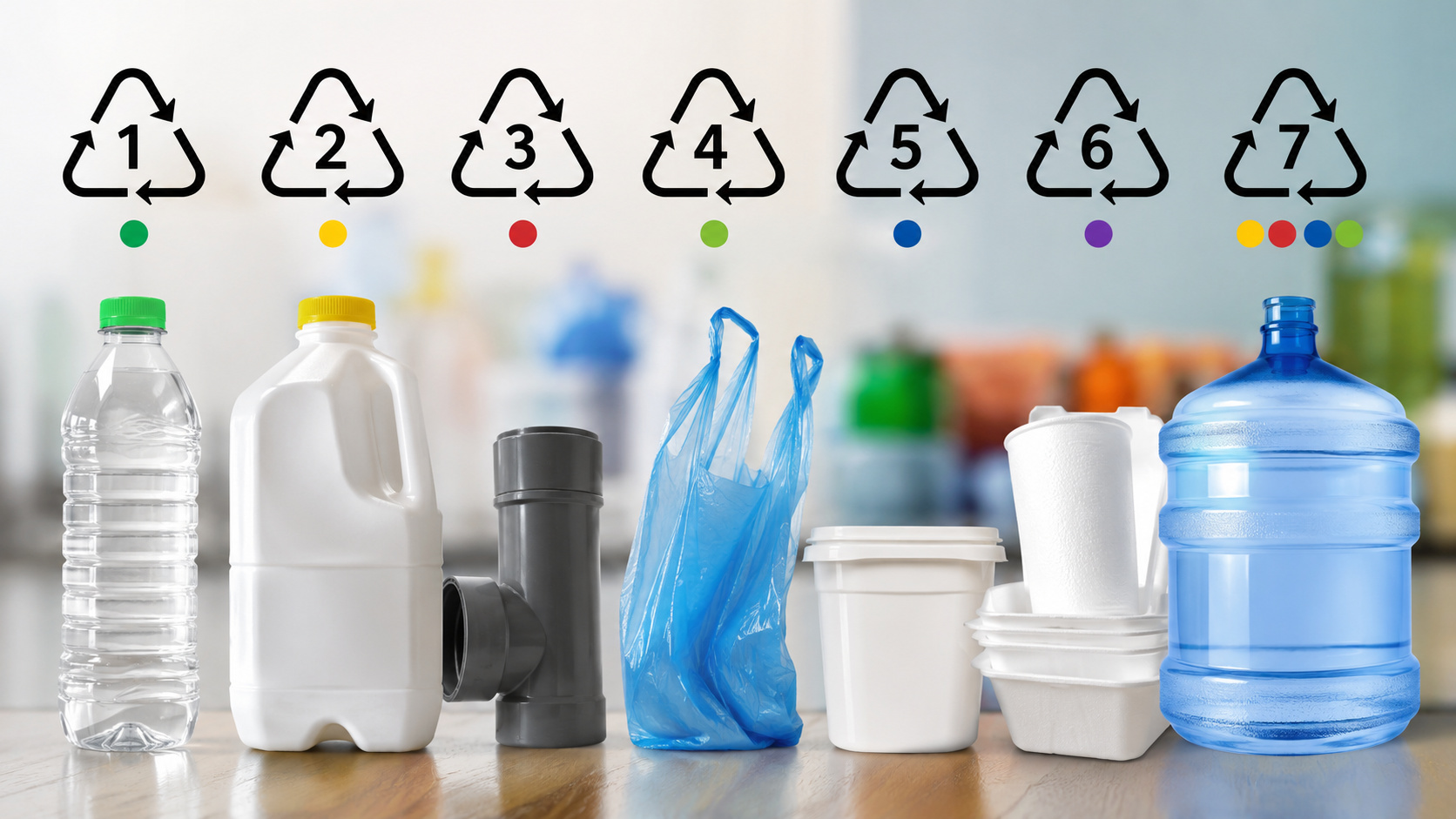 Diversas embalagens plásticas com os símbolos triangulares de identificação das resinas, numerados de 1 a 7, ilustram os diferentes tipos de plástico utilizados na reciclagem.