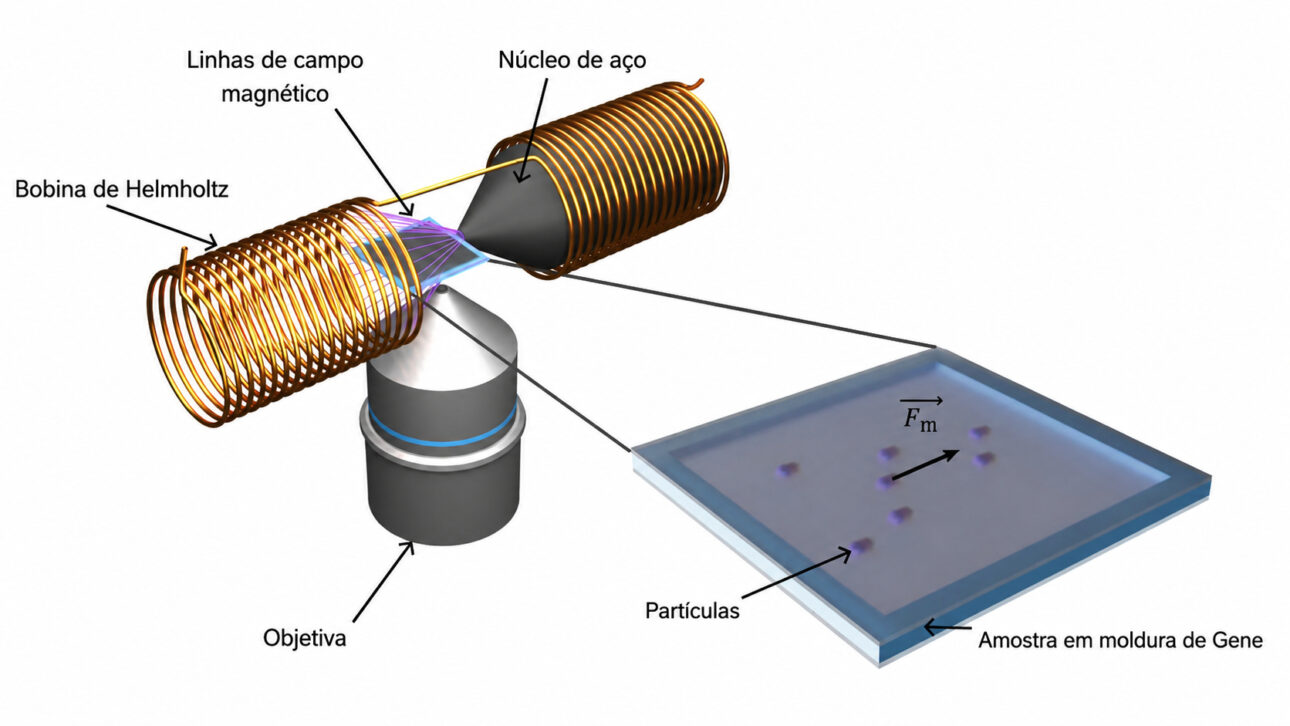 Diagrama científico ilustra um sistema de propulsão magnética para nanorrobôs, com bobinas de Helmholtz, núcleo de aço e partículas microscópicas movimentadas por campo magnético em ambiente laboratorial.