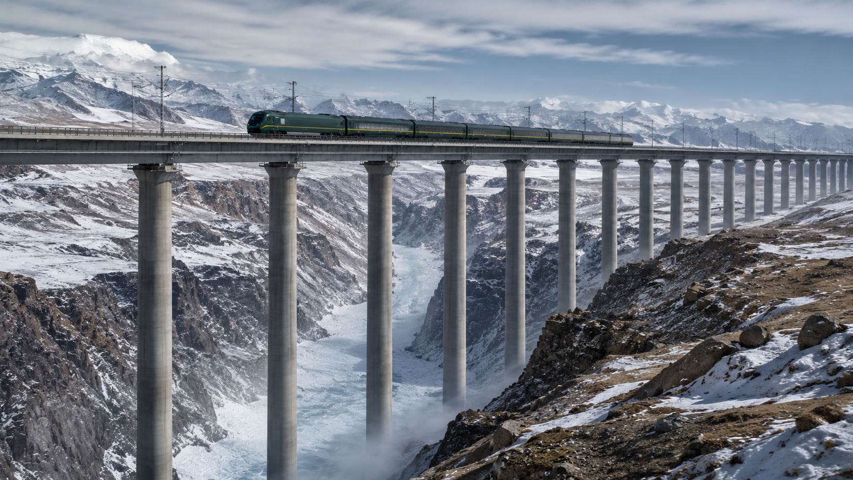 Trem percorre ferrovia elevada sobre um abismo congelado, cercado por montanhas nevadas e clima extremo no planalto Qinghai–Xizang.