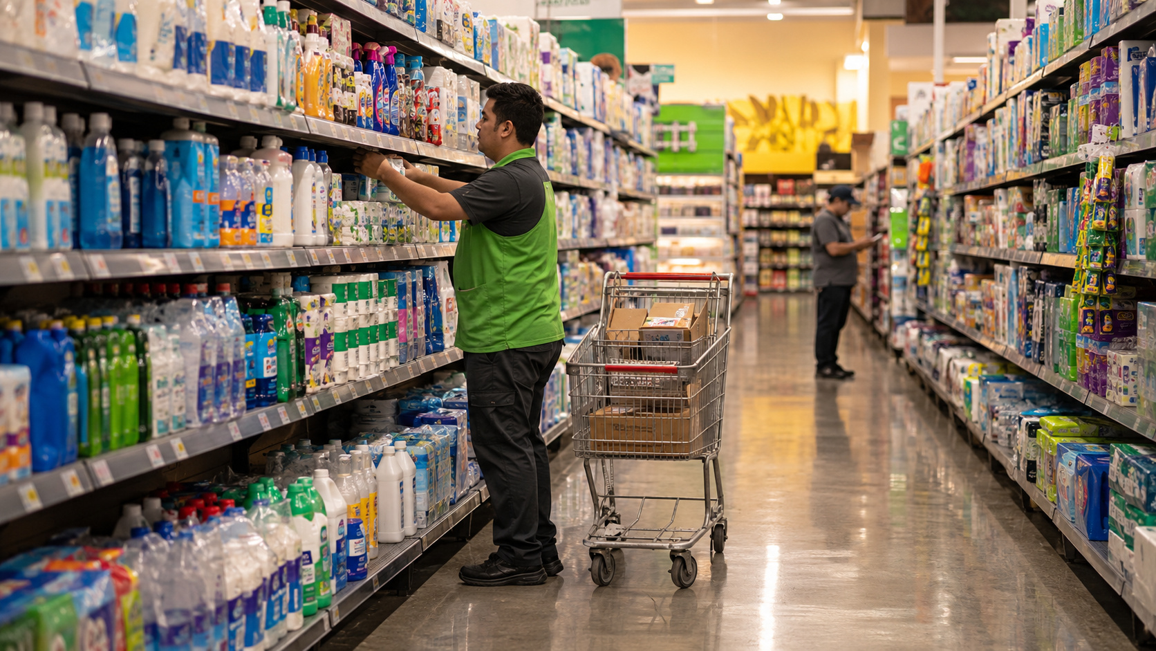 Funcionário organiza produtos em prateleira de supermercado, ao lado de carrinho de reposição, em imagem que representa a rotina de trabalho impactada pelo debate sobre o fim da escala 6x1.
