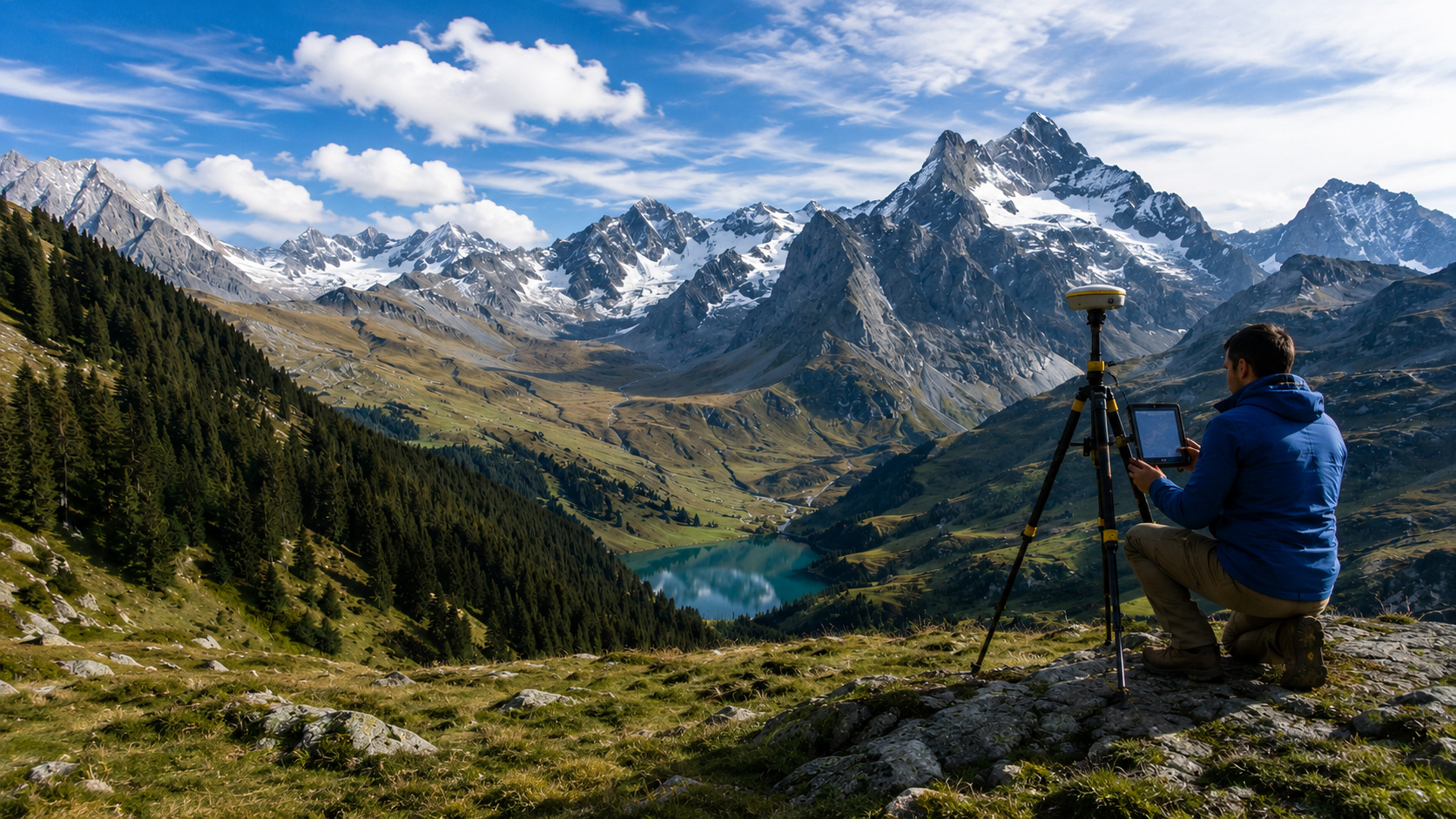 Pesquisador usa equipamento de medição nos Alpes suíços, com montanhas, floresta e lago ao fundo, representando o mapa solar SwissRad10.
