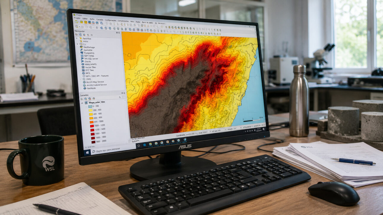 Monitor displays colorful solar map used to represent calculations of light, relief, and shadow in the SwissRad10 project.
