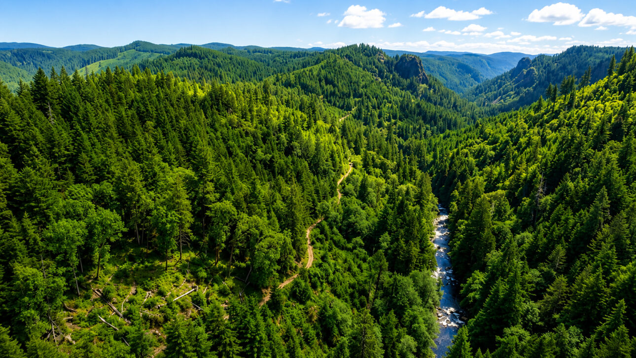 Green forest seen from above with illuminated and shaded areas, illustrating the study of sunlight and microclimates in SwissRad10.