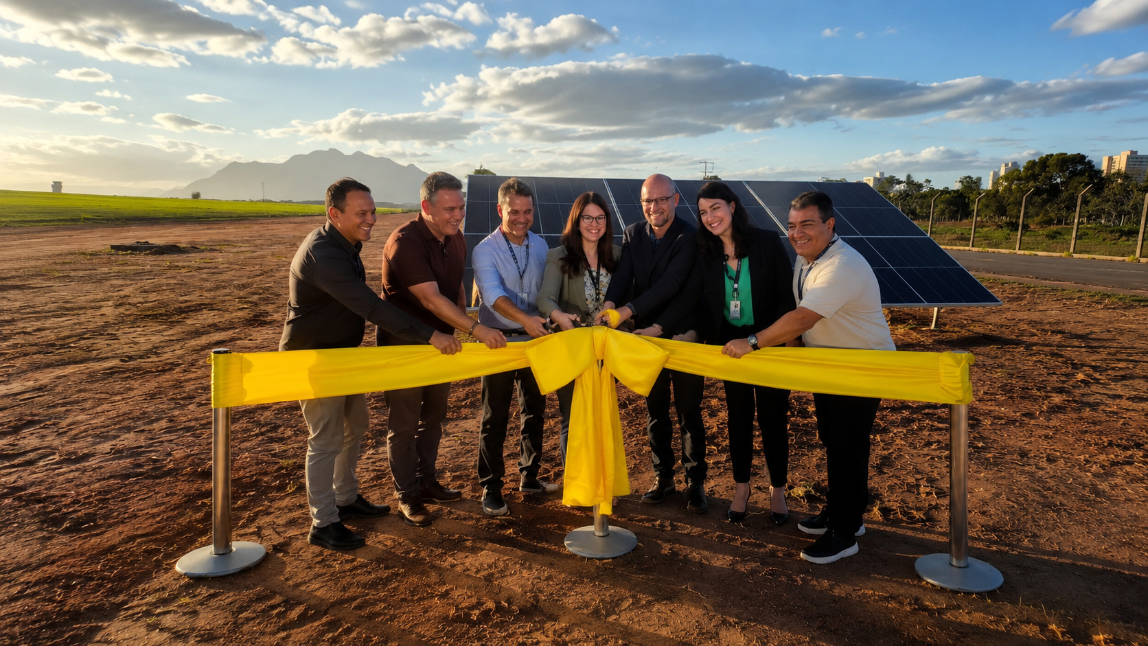 Representantes participam da cerimônia simbólica de inauguração da usina solar do Aeroporto de Vitória, em frente aos painéis fotovoltaicos instalados no terminal.