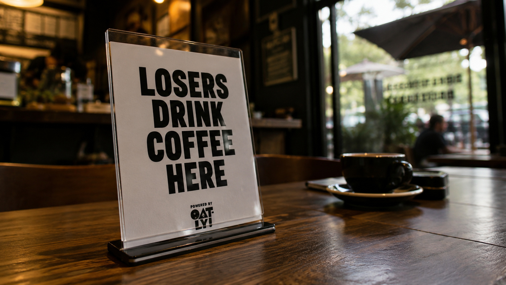 Placa do Café dos Perdedores sobre uma mesa em cafeteria na Cidade do México durante a Copa do Mundo 2026, convidando torcedores de seleções eliminadas a receber uma bebida gratuita.