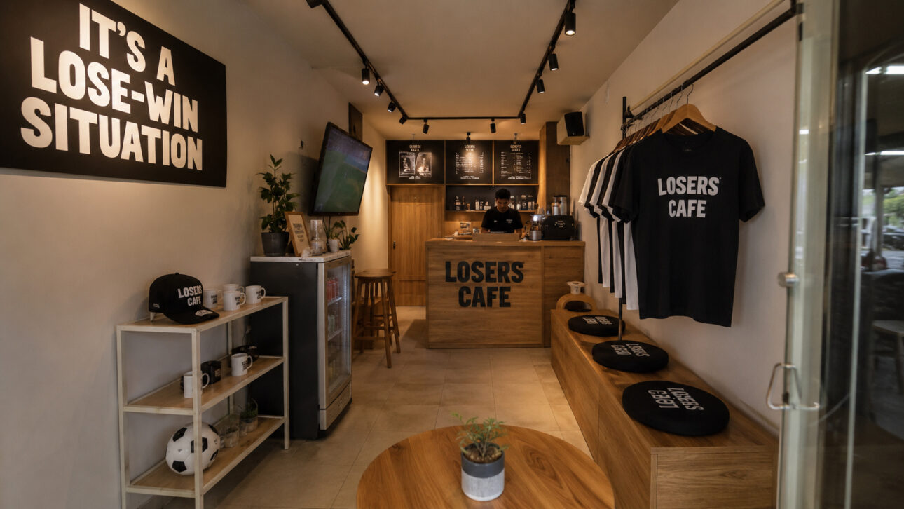 Interior of themed cafeteria with Losers Cafe sign, jerseys, service counter, and decoration inspired by fans eliminated from the World Cup.