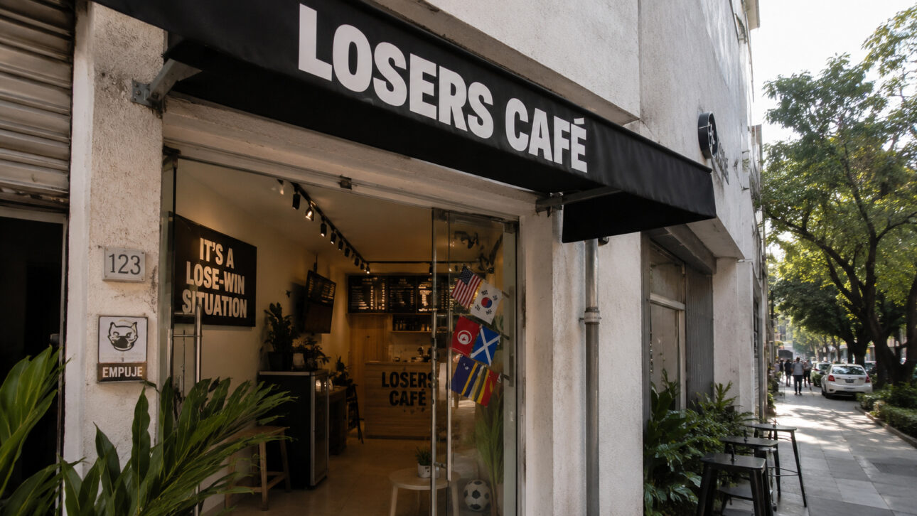 Facade of themed cafeteria Losers Café with black awning, glass doors, team flags, and decoration inspired by the World Cup.
