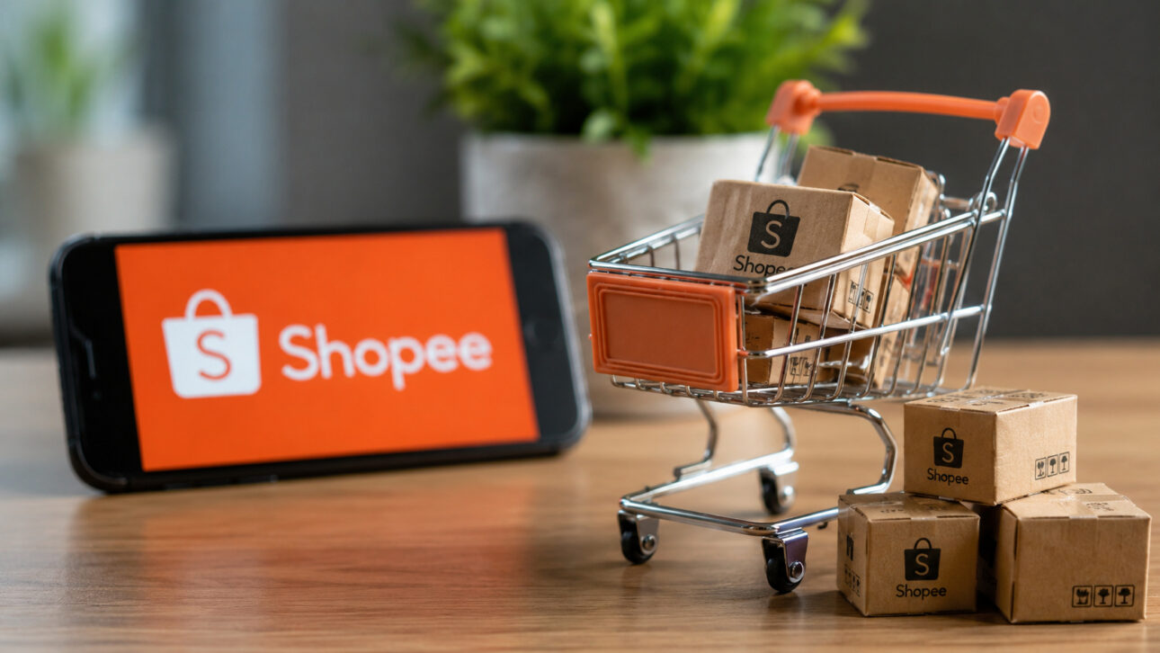 Mini shopping cart with boxes and a cell phone in the background displaying Shopee, representing online shopping via Instagram.