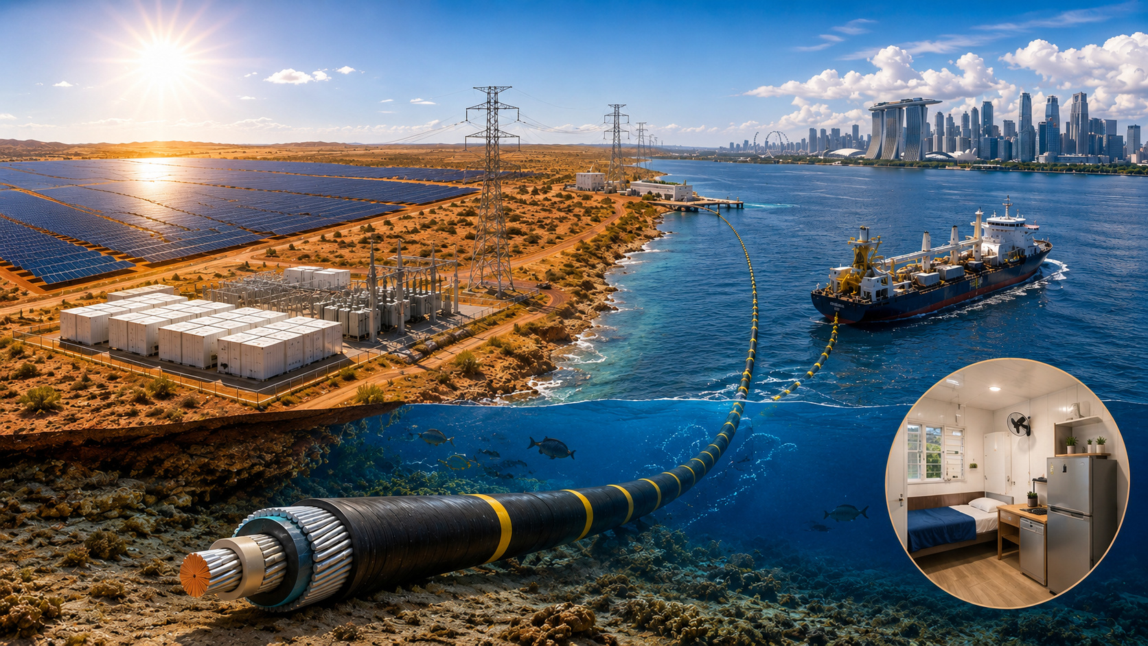 Megaprojeto solar no deserto australiano com painéis, baterias, torres de transmissão, cabo submarino e cidade de Singapura ao fundo.