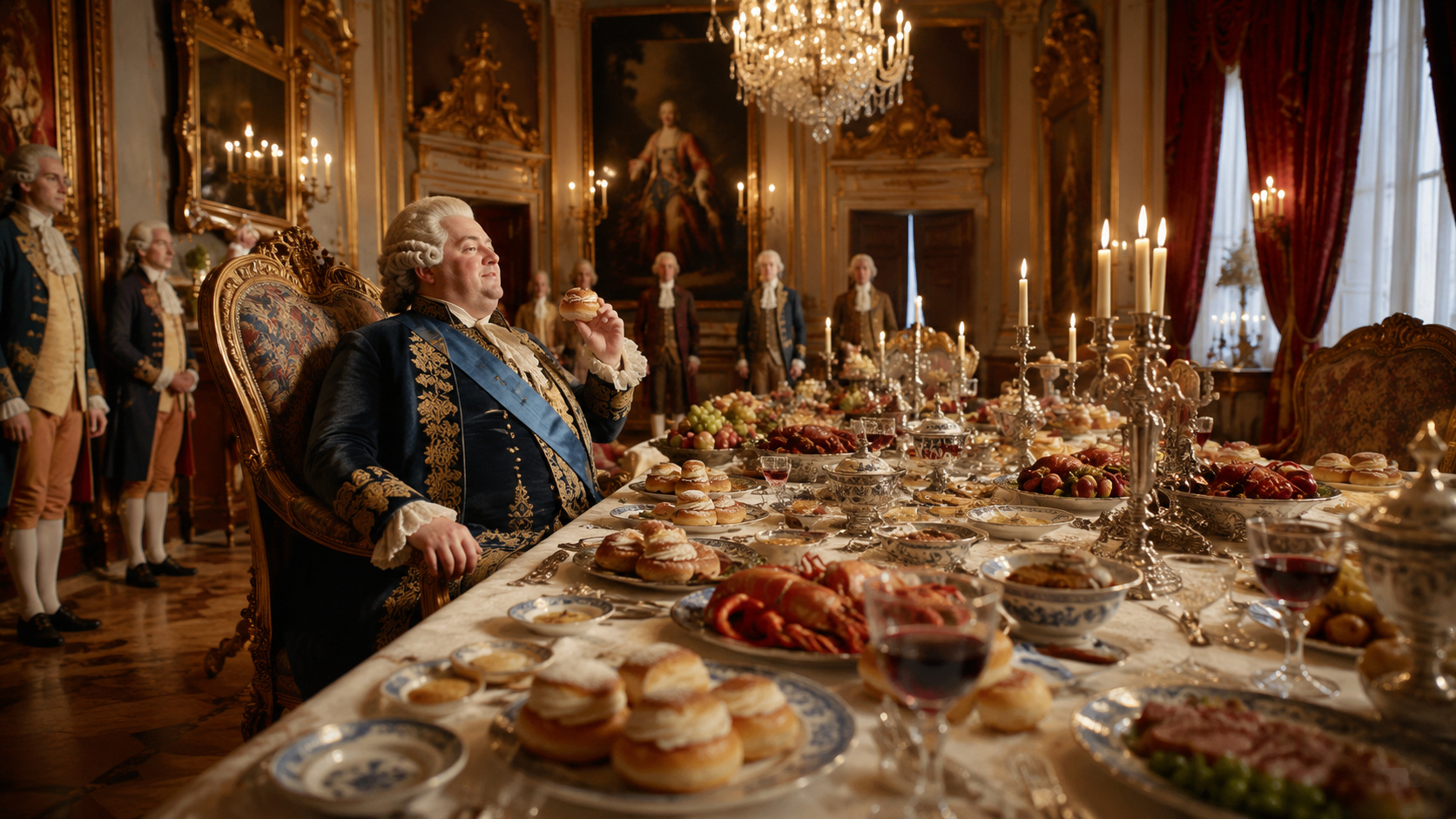 Rei Adolfo Frederico da Suécia durante banquete luxuoso com lagosta, doces semla e outros pratos da realeza no século XVIII.