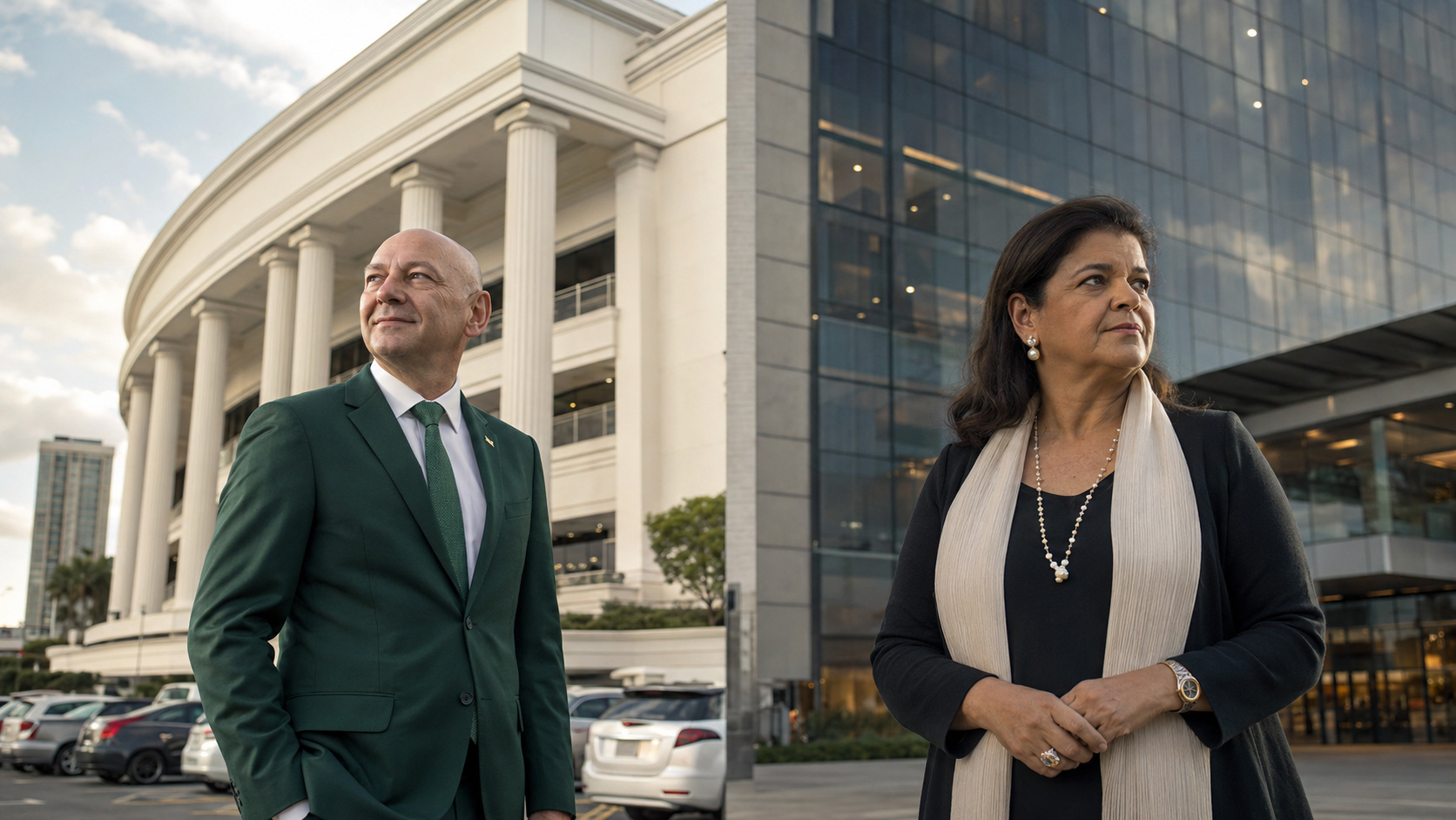 Dono da Havan e Luiza Trajano diante de grandes edifícios comerciais, representando a diferença patrimonial no ranking da Forbes de 2025.