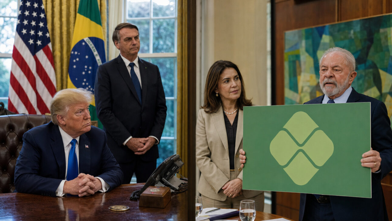 Montagem ilustrativa representa o embate comercial envolvendo Trump, Lula e o Pix, enquanto o Projeto Nexus pretende conectar pagamentos instantâneos de diferentes países a partir de 2027.