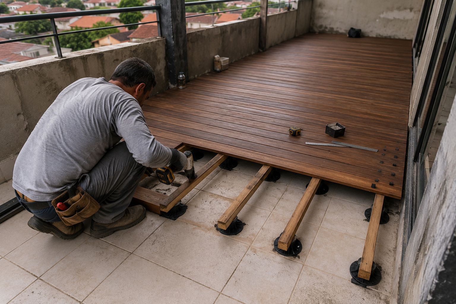 Pedreiro instala um deck de madeira sobre piso cerâmico em varanda durante reforma, utilizando barrotes, parafusadeira e estrutura elevada sem remover o revestimento existente.
