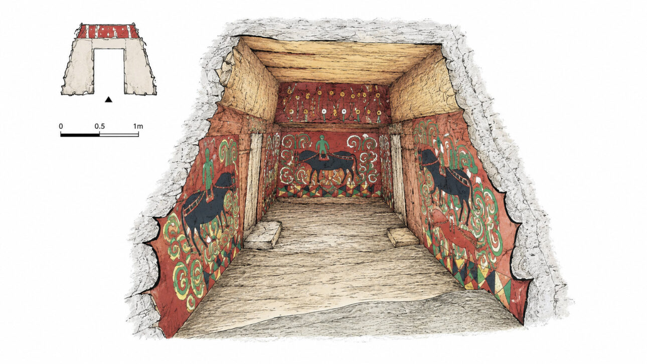Illustrated reconstruction of a Kyushu funerary chamber with paintings of horses, faceless riders, and geometric motifs.