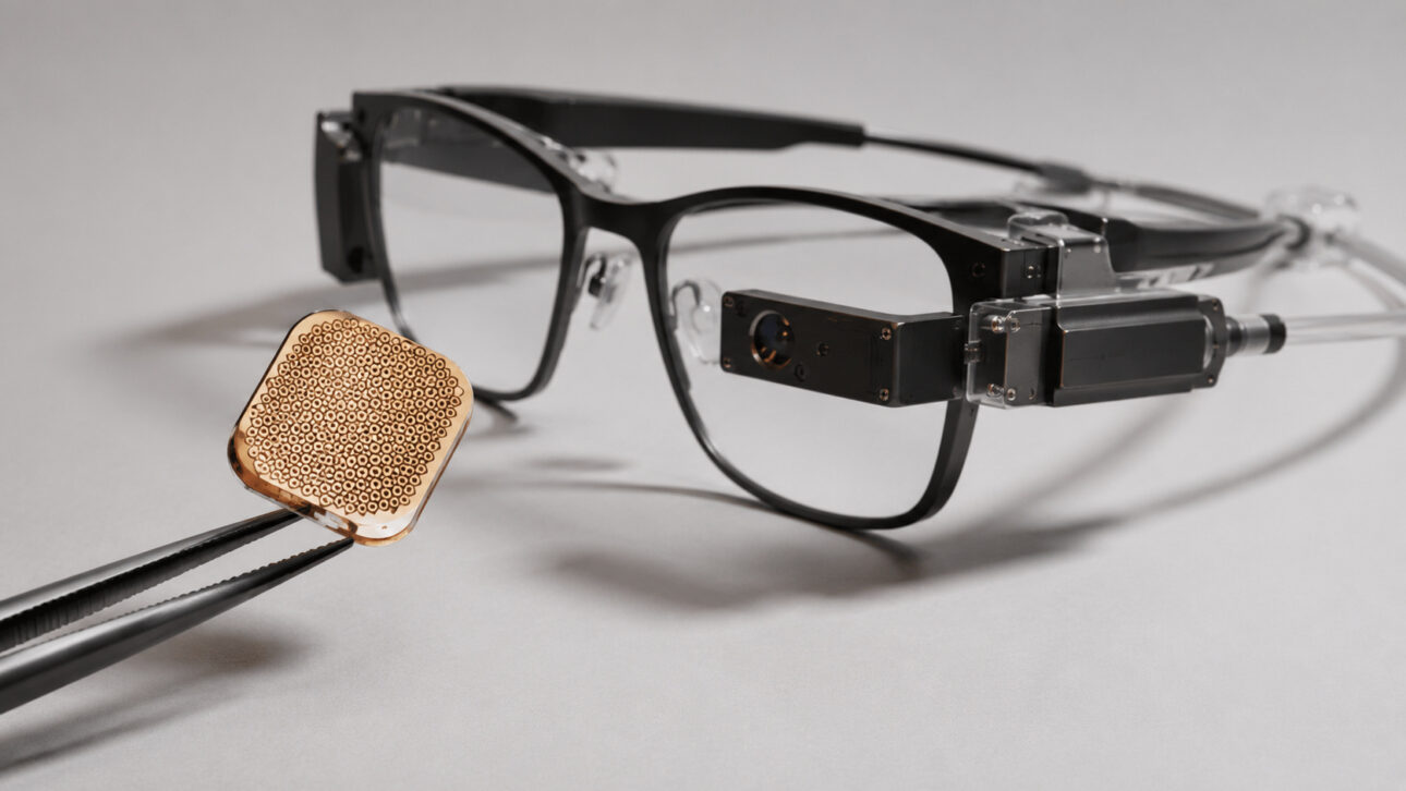Ocular chip held by tweezers next to glasses with a camera used by the PRIMA system to stimulate vision.