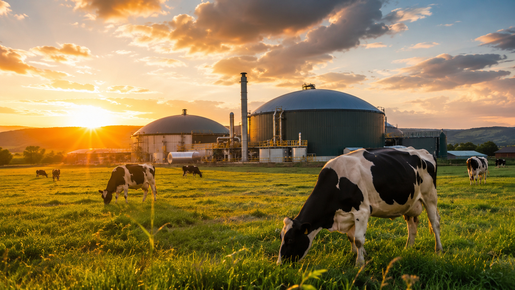 Vacas pastam em área rural com uma usina de biogás ao fundo, ilustrando o aproveitamento do metano para produção de biometano e energia renovável no agronegócio.