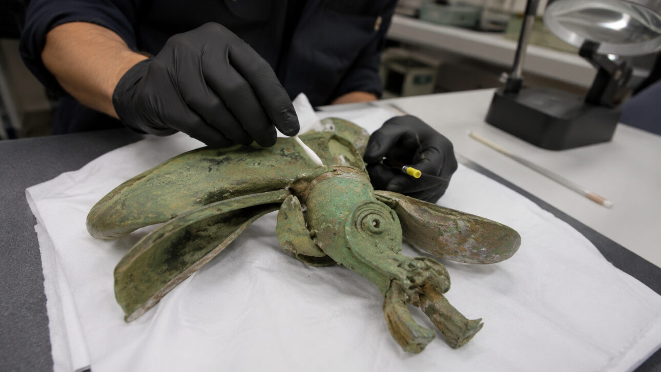 Conservador com luvas pretas limpa um artefato arqueológico de bronze esverdeado sobre uma bancada de laboratório.