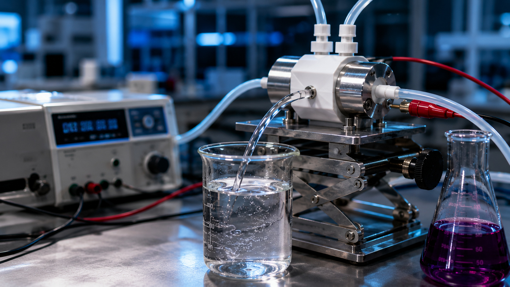 Reator eletroquímico de fluxo contínuo em laboratório durante testes para remoção de corantes da água, tecnologia desenvolvida por cientistas russos para o tratamento de efluentes.