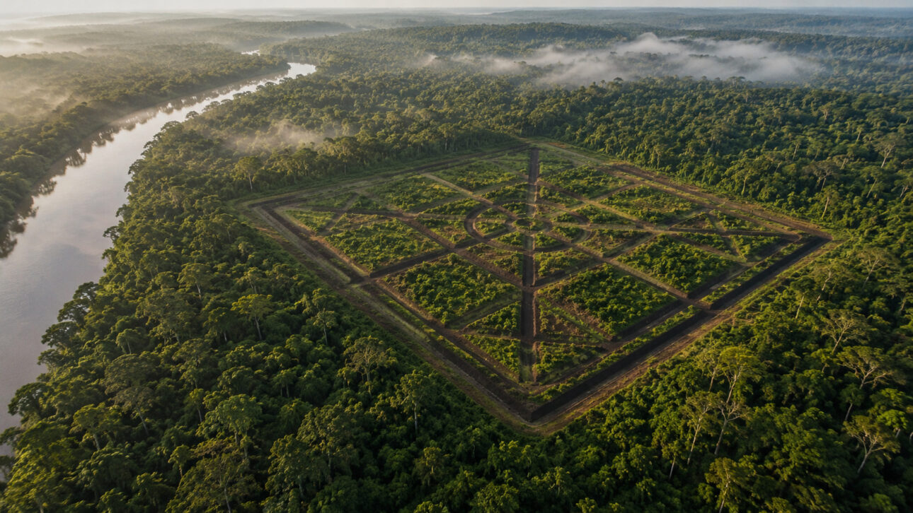 Geoglyph with geometric shapes and central circle amidst the Amazon Rainforest, seen from above next to a river.