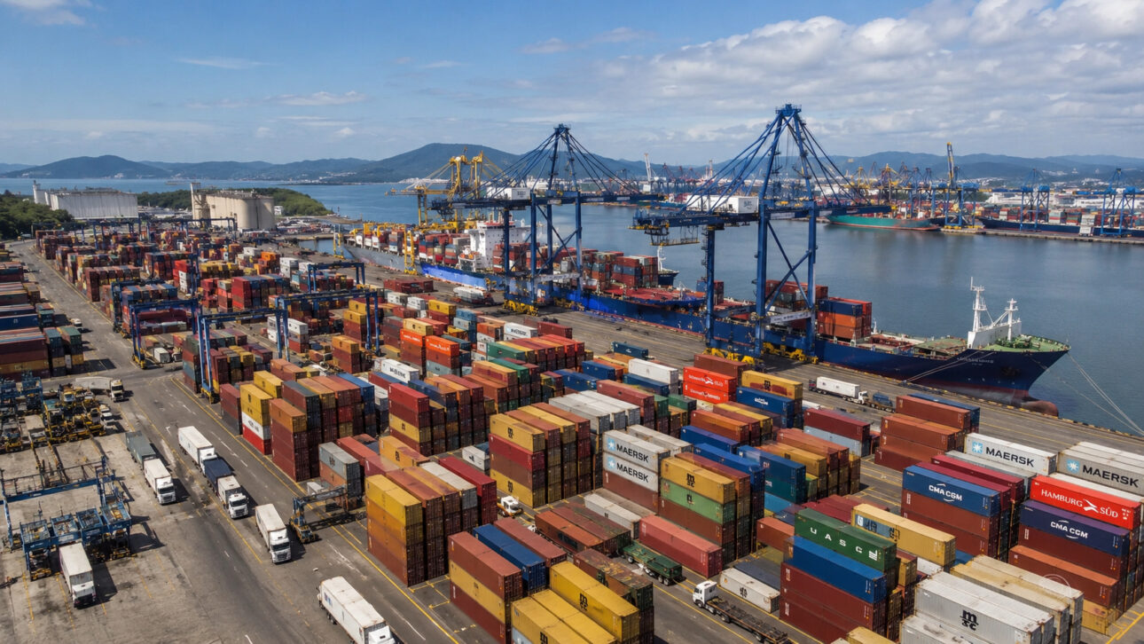 Vista aérea de porto com navios, guindastes, caminhões e contêineres, representando o comércio internacional e o controle de produtos ligados ao trabalho forçado.