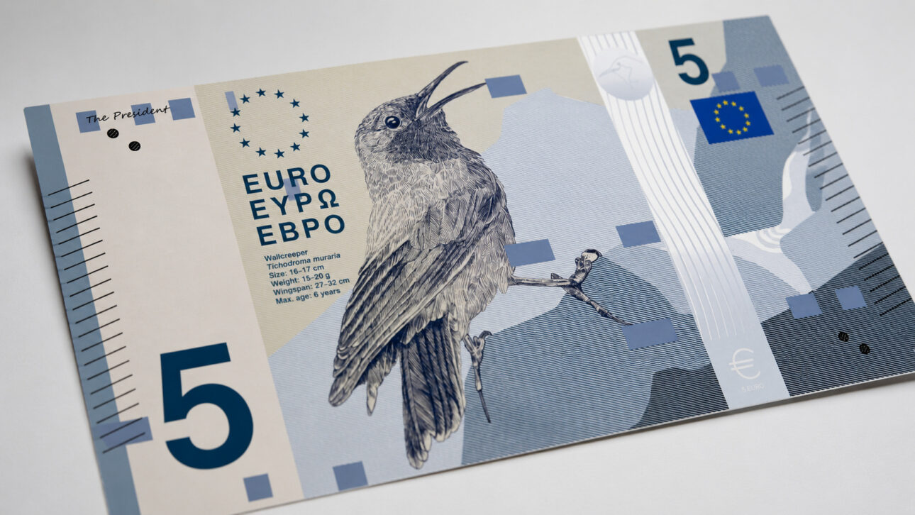 Illustrative 5 euro note with European bird in focus, security elements, and European Union symbols.