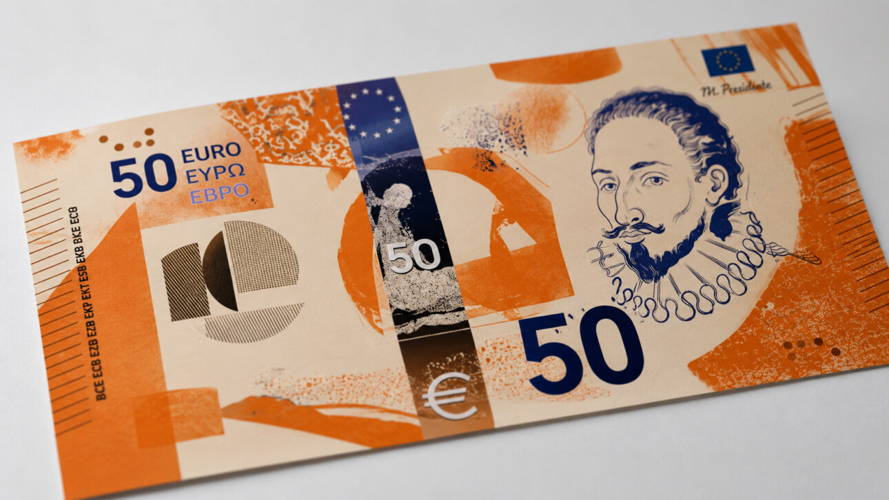 Illustrative 50 euro note in orange and blue tones, with historical portrait, highlighted numbering, and European Union symbols.
