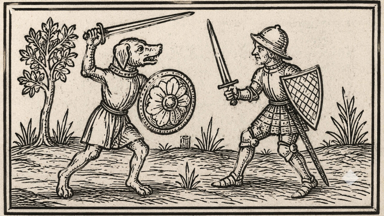 Ilustração medieval em preto e branco com guerreiro de cabeça de cachorro enfrentando um cavaleiro com espada e escudo.