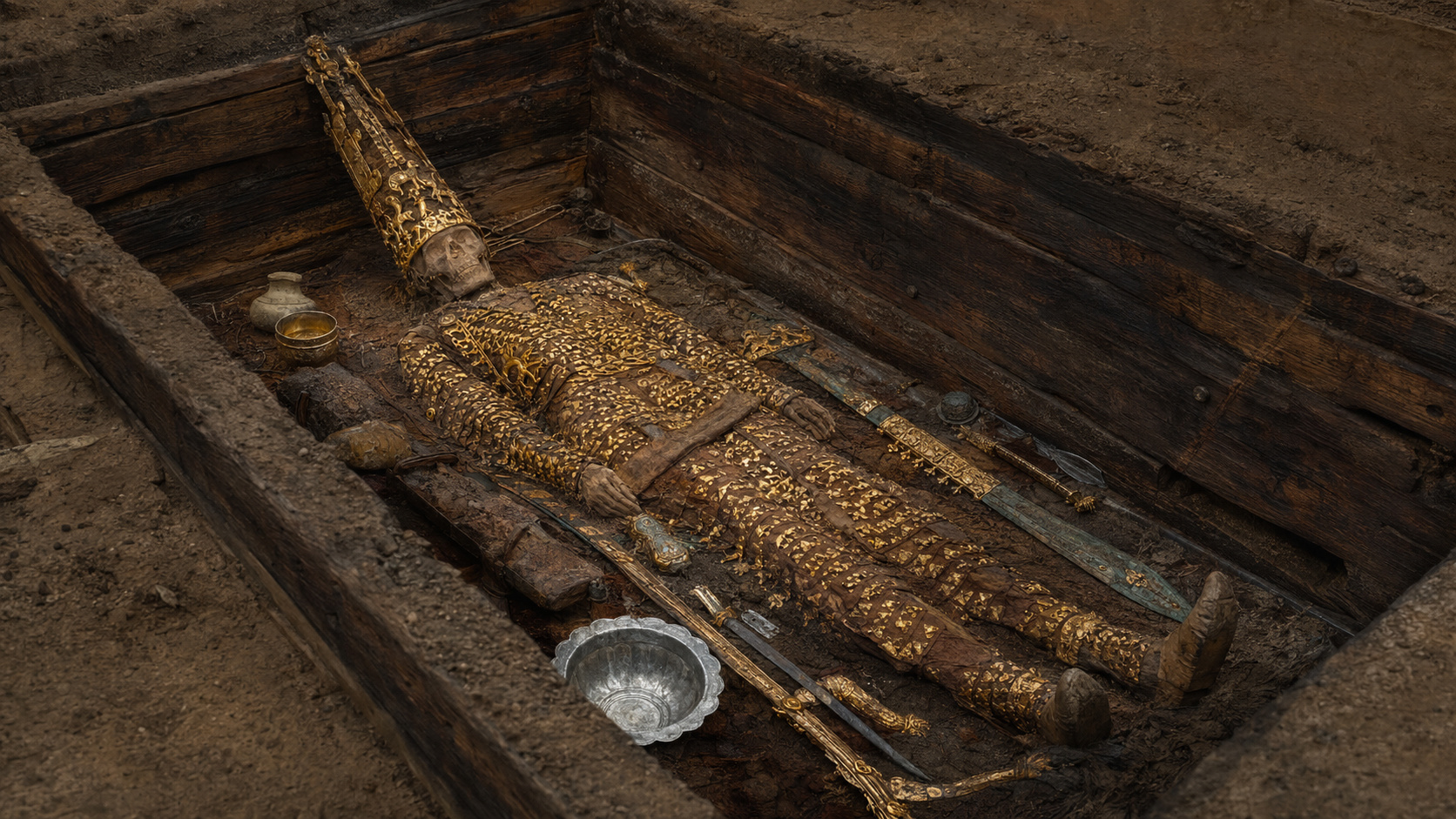Reconstrução ilustrativa do túmulo do Homem Dourado com traje, cocar, armas e milhares de ornamentos de ouro.