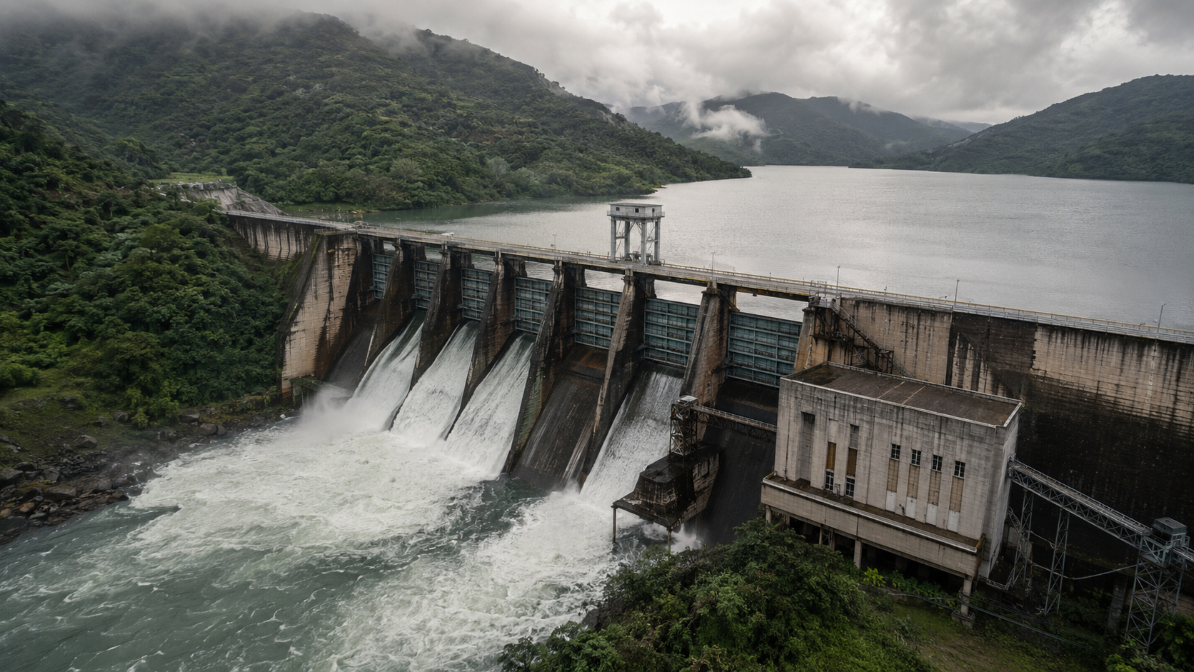 Barragem de contenção libera água pelas comportas durante período de chuvas no Vale do Itajaí, em Santa Catarina.