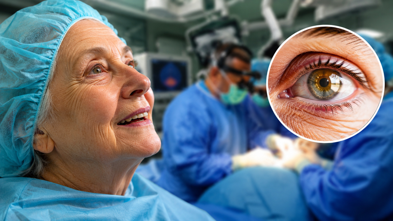 Idosa sorri após cirurgia enquanto equipe médica atua em centro cirúrgico, com detalhe ampliado de um olho representando o transplante inédito que devolveu parte da visão na Itália.