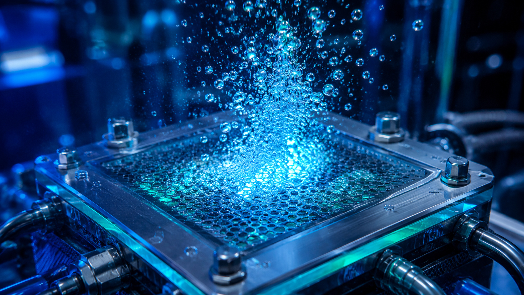 Camada catalítica em eletrolisador libera microbolhas durante a eletrólise da água em laboratório, tecnologia desenvolvida por pesquisadores sul-coreanos para aumentar a eficiência do hidrogênio verde.