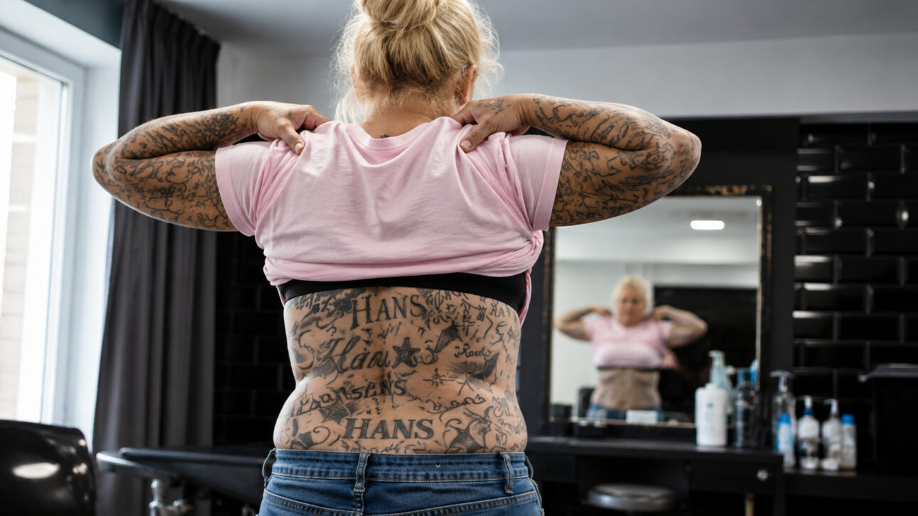 Woman from behind lifts her shirt and shows numerous tattoos on her arms and back inside a laser removal clinic.